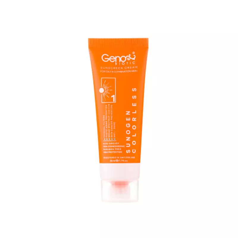 کرم ضد آفتاب بی‌رنگ SPF50 ژنوبایوتیک | محافظت کامل و کنترل چربی برای پوست چرب و مختلط
