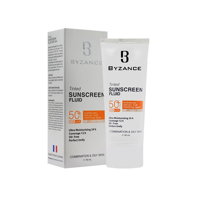 فلوئید ضد آفتاب رنگی بیزانس برای پوست چرب و آکنه‌ای SPF50