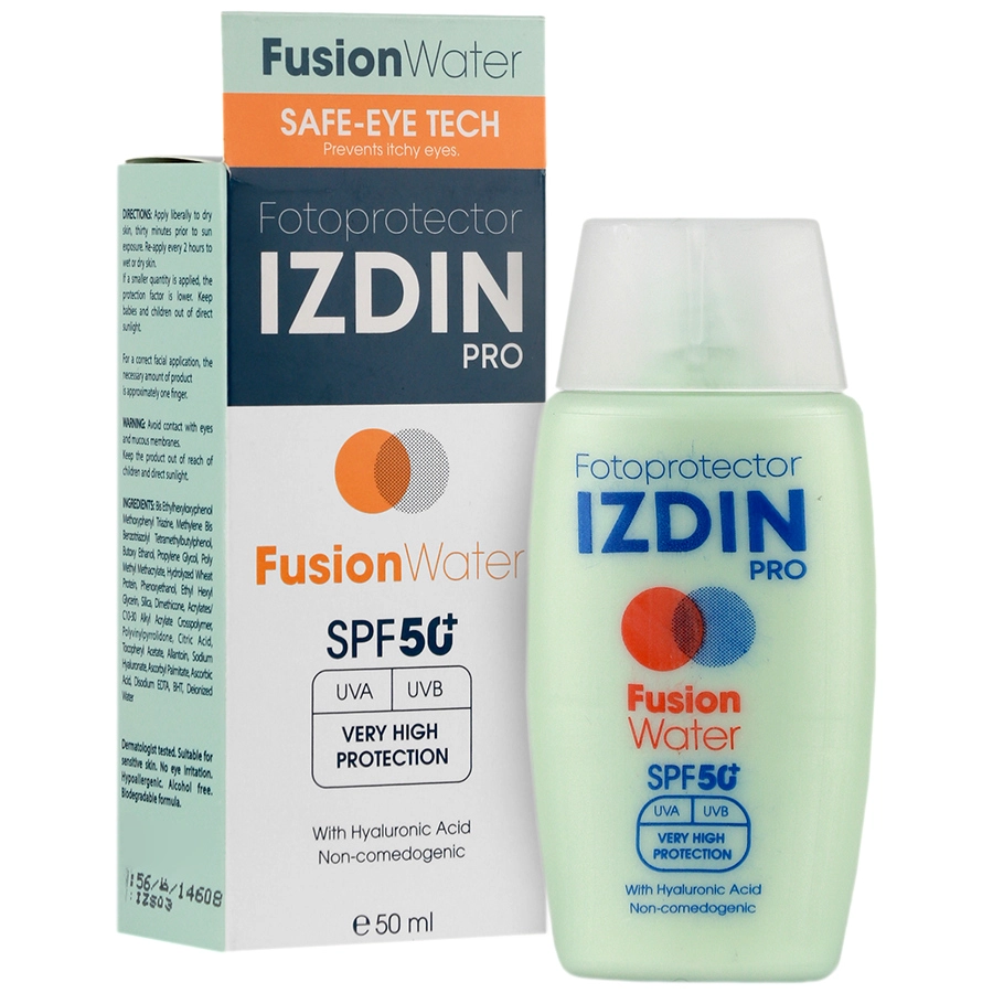 ضد آفتاب فیوژن واتر SPF50 ایزدین پرو | سبک، بی رنگ، مقاوم در برابر آب و تعریق