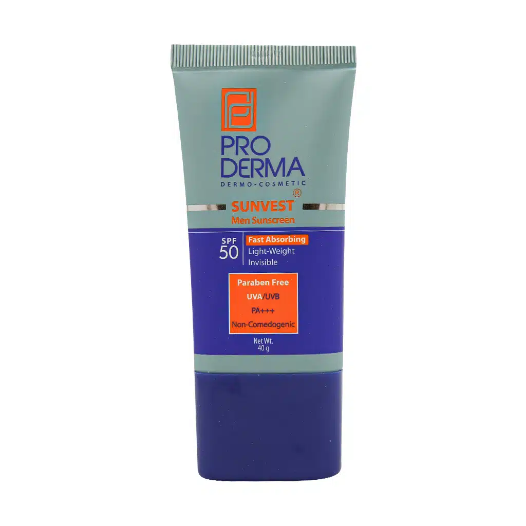 ضد آفتاب مردانه فاقد چربی SPF50 سان وست پرودرما | بی رنگ، جذب سریع، ضد تعریق، مناسب بعد از اصلاح