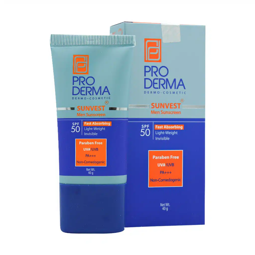 ضد آفتاب مردانه فاقد چربی SPF50 سان وست پرودرما | بی رنگ، جذب سریع، ضد تعریق، مناسب بعد از اصلاح