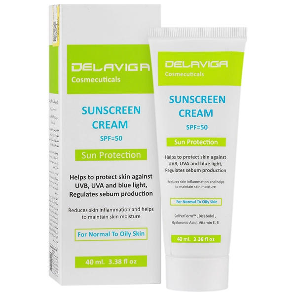 کرم ضد آفتاب SPF50 دلاویگا: کنترل چربی و محافظت کامل برای پوست معمولی تا چرب